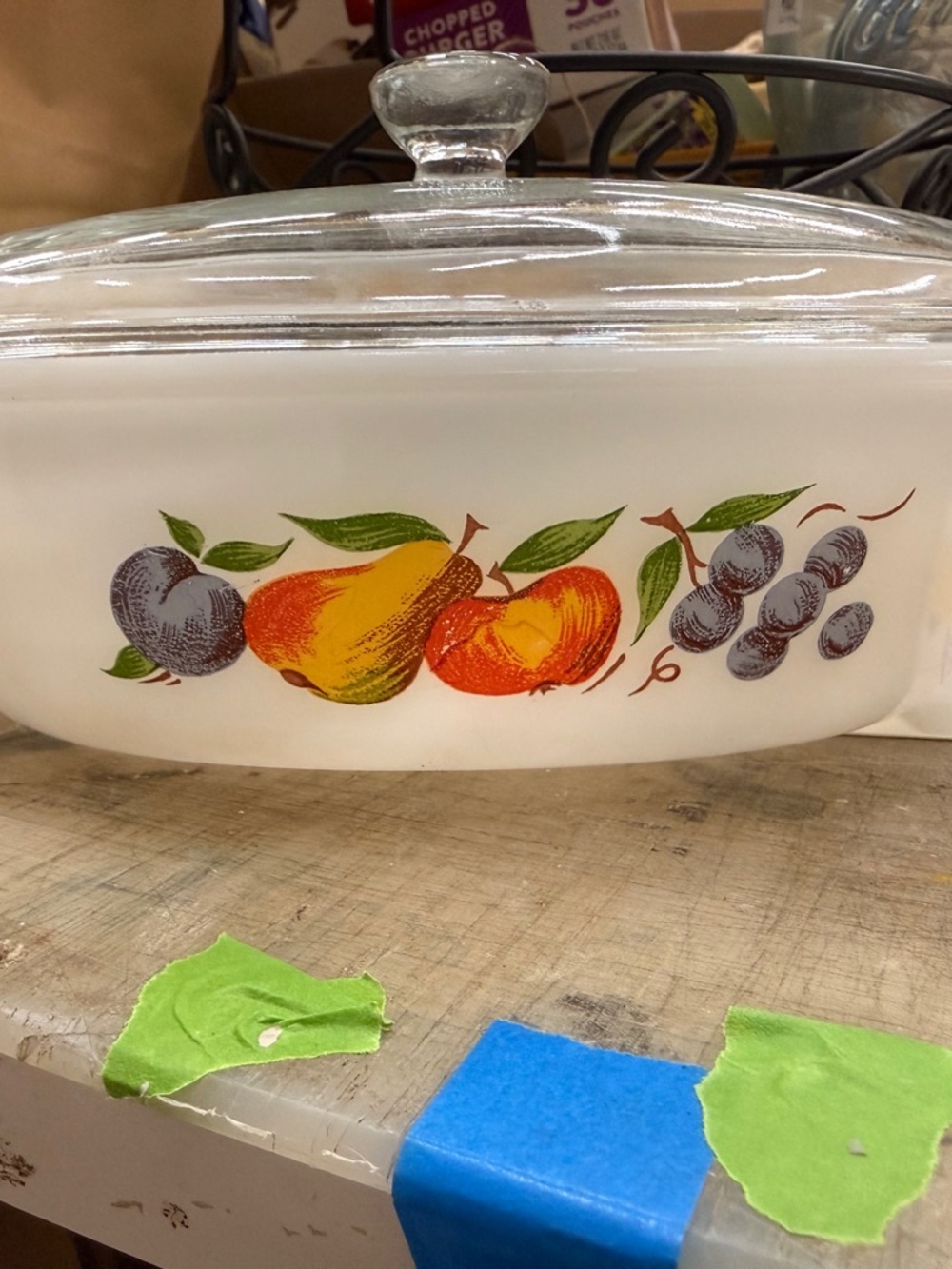 Fire King White Milk Glass Covered Casserole Dish with Fruit Decal